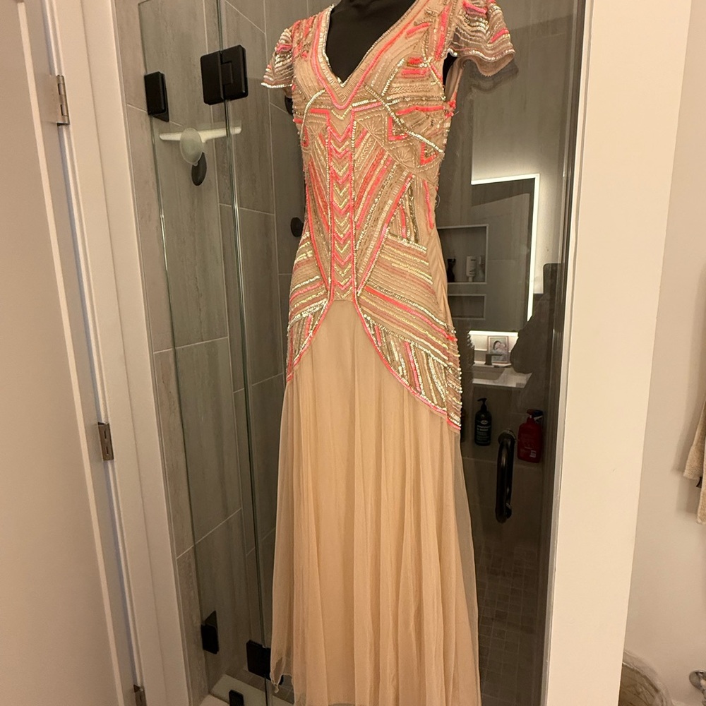 Elegant Beaded Maxi Dress in Pink and Cream